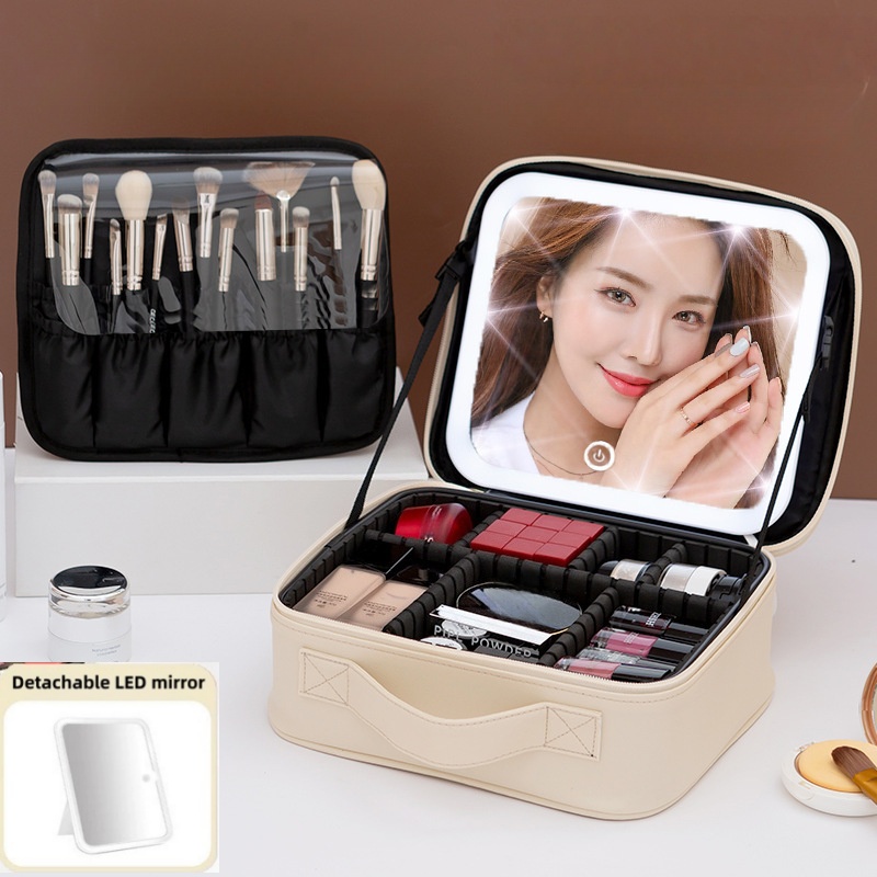 Beauty Makeup Bag - 大容量の女性用化粧バッグ、LEDライト付きミラー、ポータブルトラベルコスメティックケース、美容ツールオーガナイザー収納ボックス