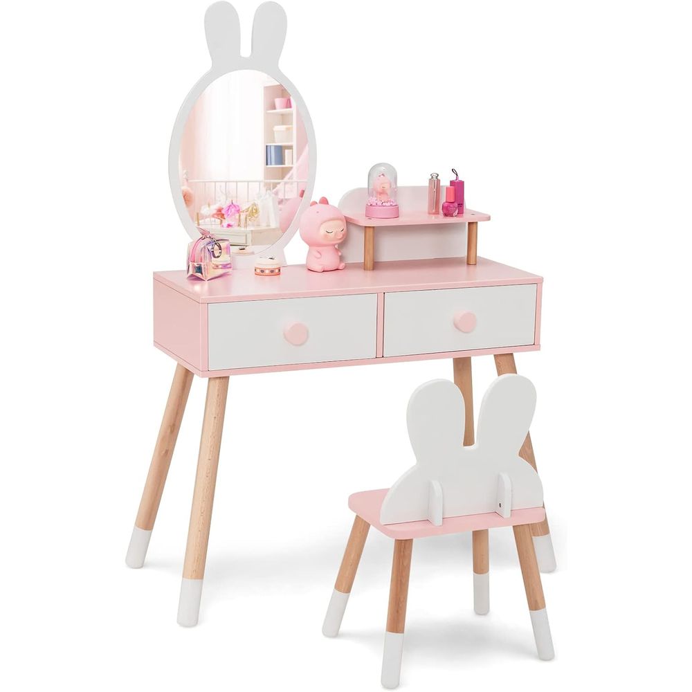 Beauty Makeup Chair - EY キッズバニティ、ウサギをテーマにした幼児用木製メイクアップテーブルと椅子セット、大きな引き出し2つ付き、木製脚、プリンスドリングビューティーテーブル、G