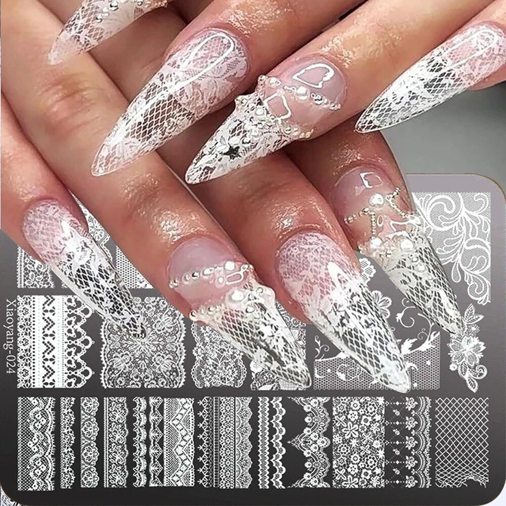 Nail Art Stamping Kit - 14.5 * 9.5 レースメタルネイルアートスタンピングテンプレート、花と蝶のプリント入り、マニキュアDIY用ステンレススチールツール