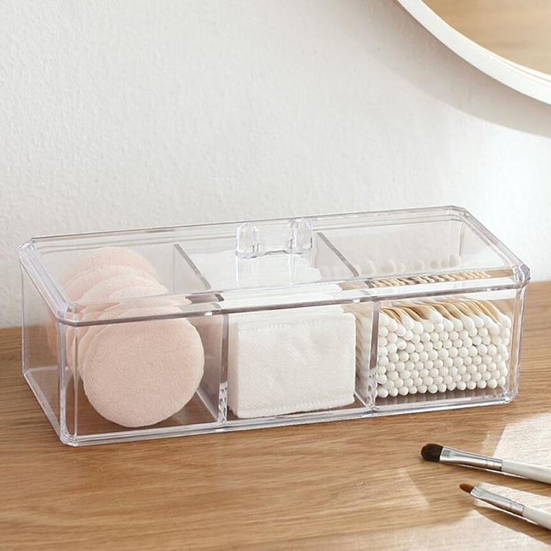 Beauty Makeup Tool Collection - 透明化粧品収納ボックスメイクアップオーガナイザー三色綿棒コットンパッド収納ボックスデスクトップアクリル素材
