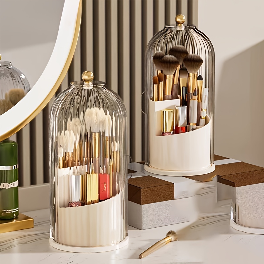 Beauty Makeup Tool Collection - 5点セット、360度回転式防塵美容収納ラック、透明な縦縞トップカバー付き、多区画化粧品収納ボックス、縦縞透明小型収納ボックス1個と小型ジュエリーボックス3個付き、防水バスルームアクセサリー化粧ブラシ収納ホルダー、化粧ブラシ、口紅、スキンケア製品、ジュエリーに最適、バスルームのカウンタートップ、化粧台、デスクトップにアイテムを収納可能
