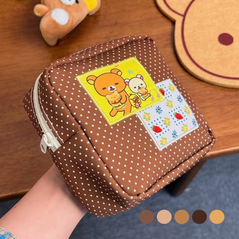 Beauty Makeup Bag - かわいいリラックマブラウンポルカドット化粧品バッグかわいいクマのパッチプリントジッパー収納ポーチ大容量旅行用化粧バッグ
