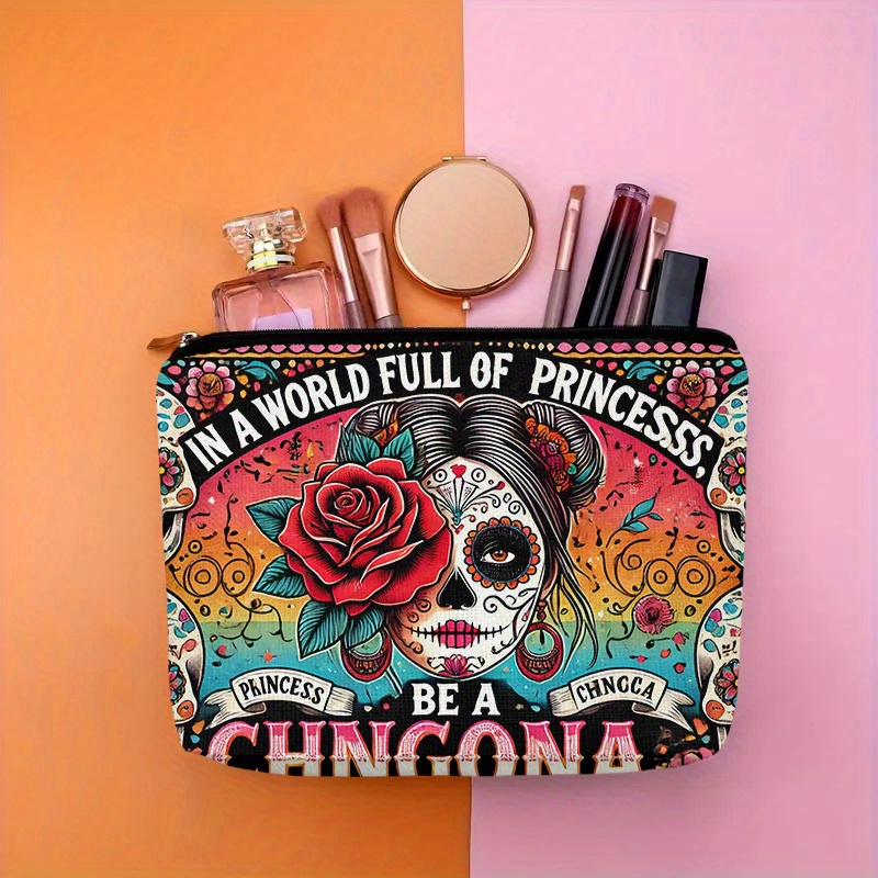 Beauty Makeup Bag - 花と頭蓋骨の化粧品バッグ - 女性用のかわいい多機能ジッパーポーチ、ジュエリー収納バッグ