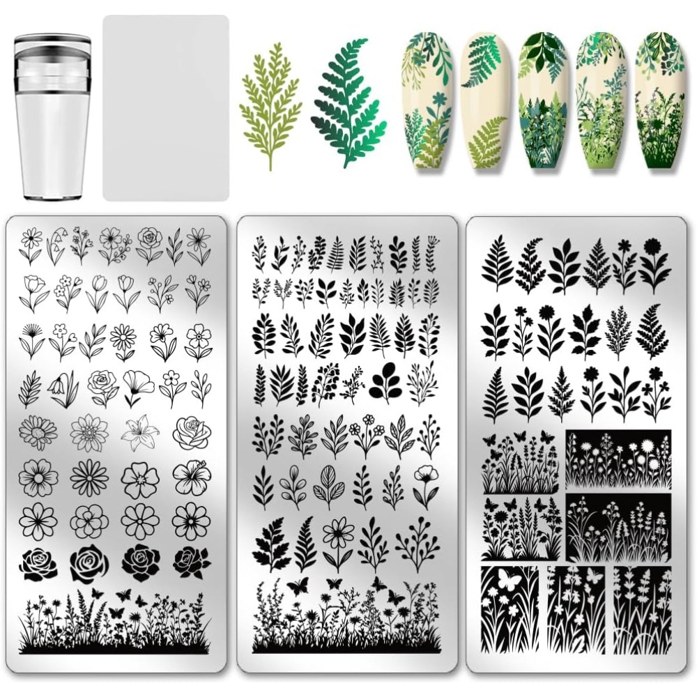Nail Art Stamping Kit - 3 個の花葉ネイルスタンピングプレート植物ネイルアートステンシルローズデイジーマニキュアアートテンプレート花の茂みネイルスタンパー