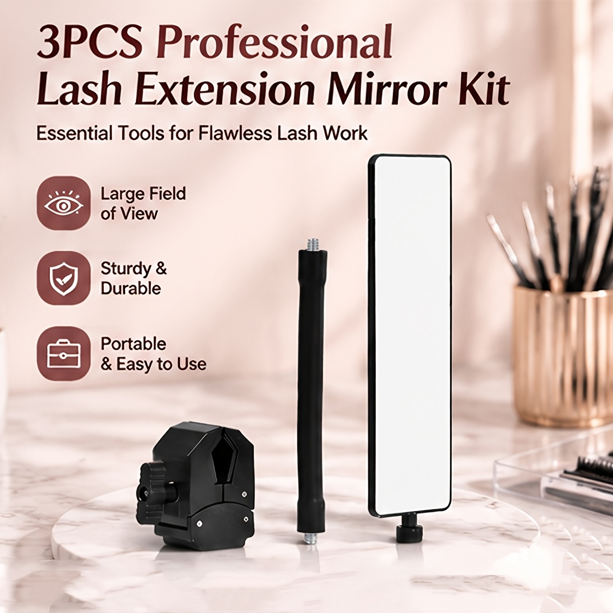 Beauty Makeup Supply - 3個入りプロ用まつげエクステンションミラーセット HD広視野まつげチェックミラー スタンド付きトレイパレット まつげ技術者サロン用品
