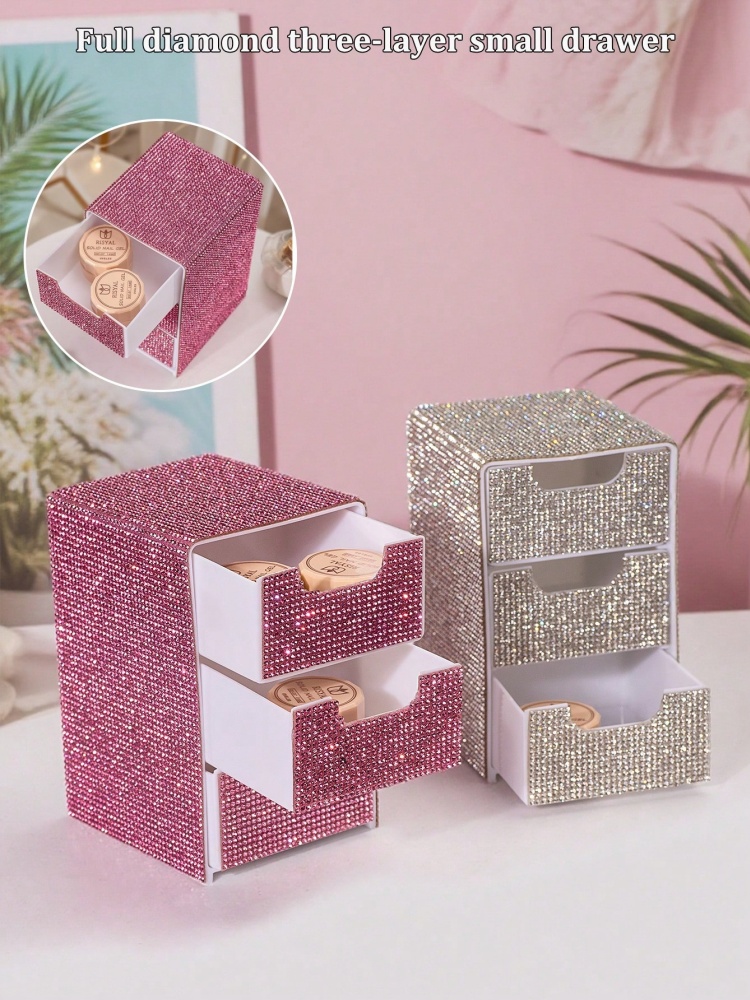 Beauty Makeup Box Set - 3段グリッターダイヤモンド収納ボックス引き出しメイクアップオーガナイザー透明アクリル化粧品ケースジュエリーデスクトップオーガナイザー