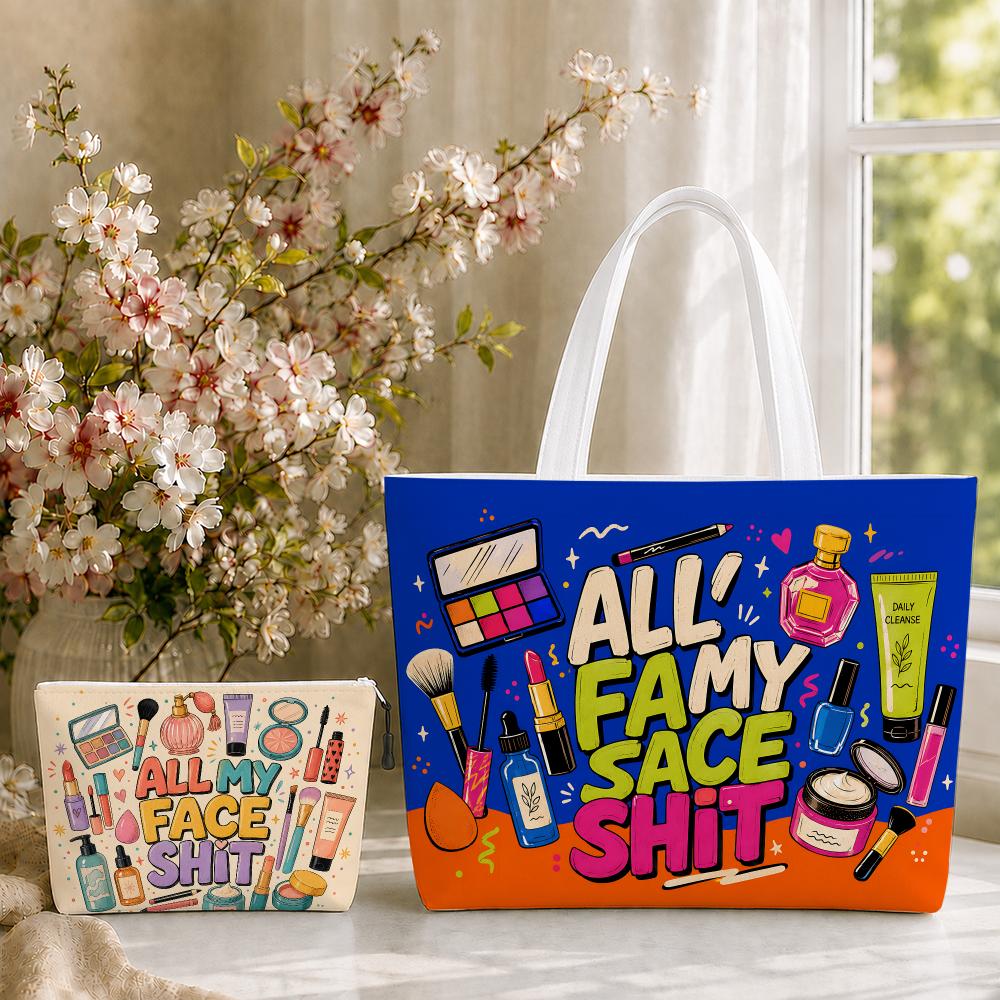 Beauty Makeup Workshop - メイクアップ・ビューティー・ユーモア収納バッグ 2個セット ジッパー付きキャンバスセット 大容量 再利用可能 仕事、学校、ショッピング、旅行、ギフトに最適