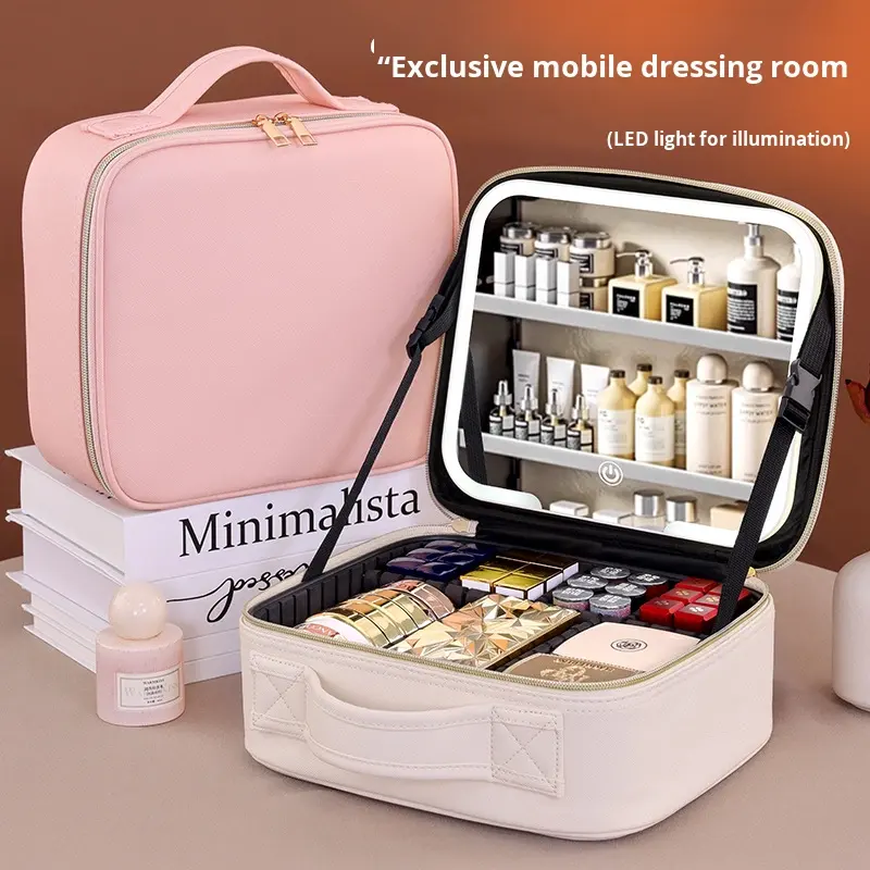 大容量の女性用化粧バッグ、LEDライト付きミラー、ポータブル - Beauty Makeup Bag のレビューと価格