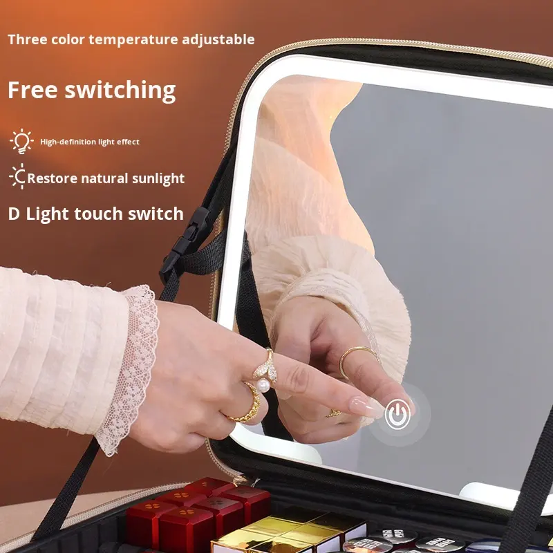 大容量の女性用化粧バッグ、LEDライト付きミラー、ポータブル - Beauty Makeup Bag のレビューと価格