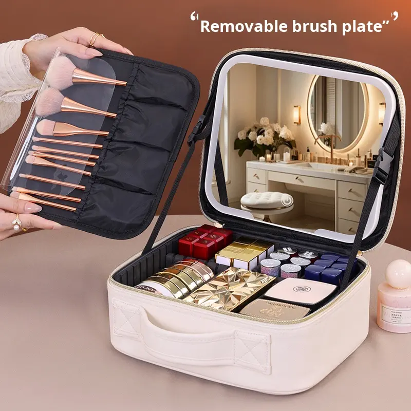 大容量の女性用化粧バッグ、LEDライト付きミラー、ポータブル - Beauty Makeup Bag のレビューと価格