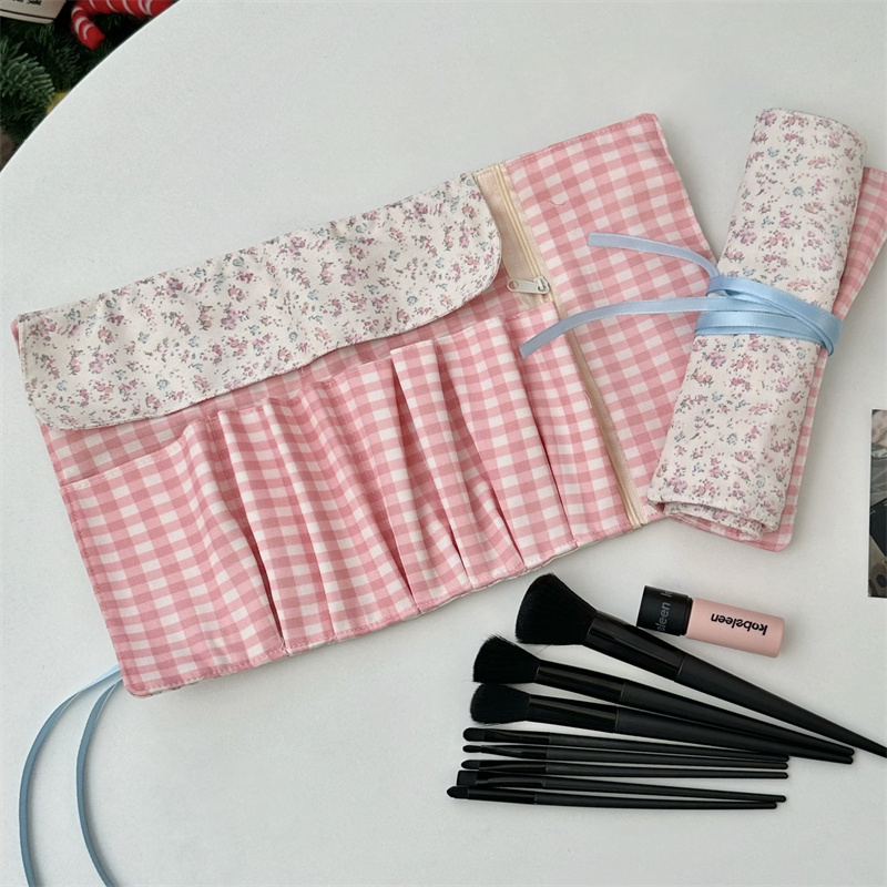 花柄チェック柄生地のメイクブラシ収納バッグ 多ポケットジッパ - Beauty Makeup Bag のレビューと価格