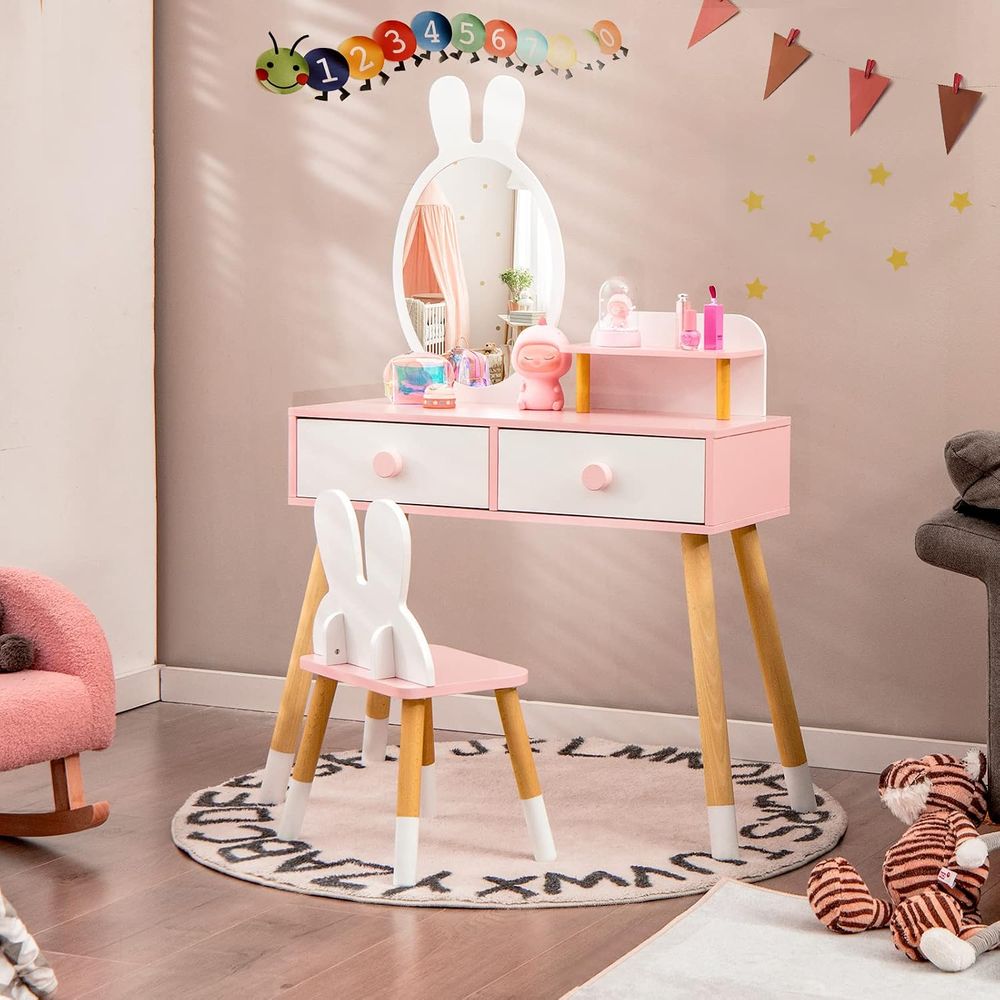 EY キッズバニティ、ウサギをテーマにした幼児用木製メイクア - Beauty Makeup Chair のレビューと価格