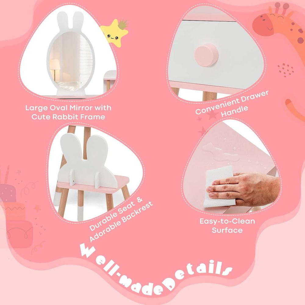 EY キッズバニティ、ウサギをテーマにした幼児用木製メイクア - Beauty Makeup Chair のレビューと価格