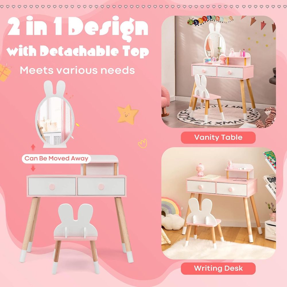 EY キッズバニティ、ウサギをテーマにした幼児用木製メイクア - Beauty Makeup Chair のレビューと価格