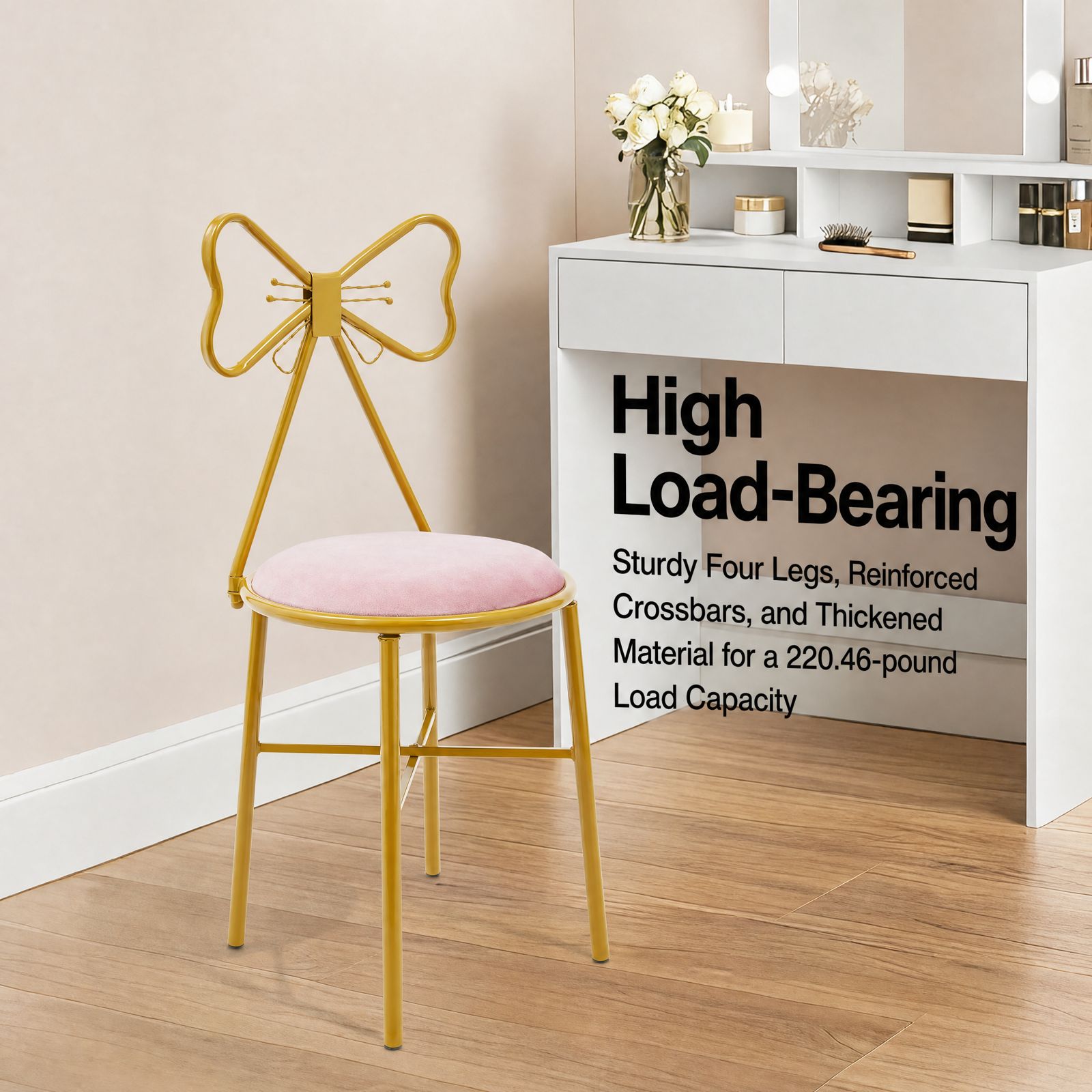 ピンクの蝶の背もたれ付き化粧椅子 ゴールドプラスチック塗装鉄 - Beauty Makeup Chair のレビューと価格