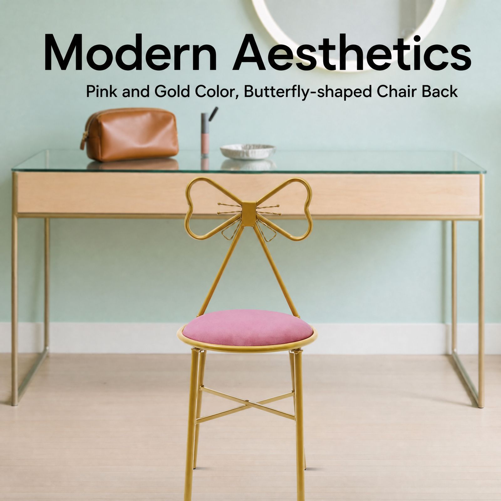 ピンクの蝶の背もたれ付き化粧椅子 ゴールドプラスチック塗装鉄 - Beauty Makeup Chair のレビューと価格