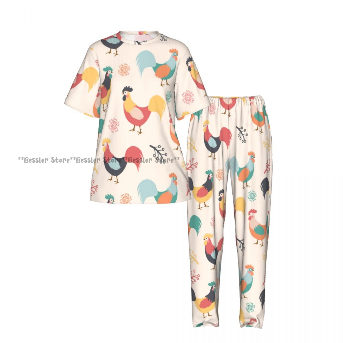 女性用快適パジャマ 女性用美しい雄鶏の枝と花の背景柄半袖セッ - Beauty & Makeup Katia Di Paola Palermo のレビューと価格