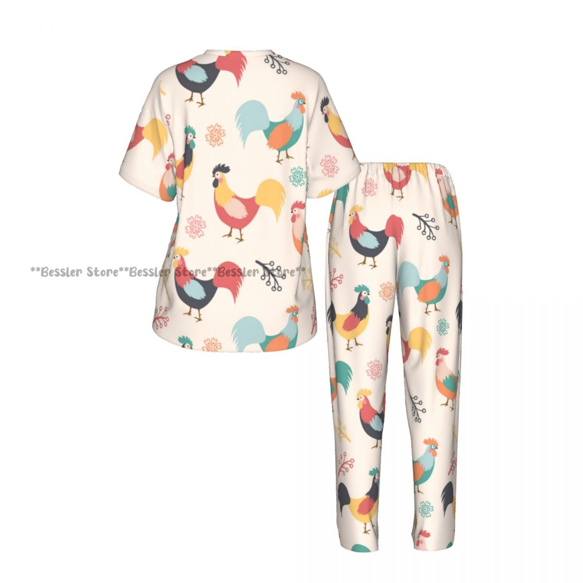 女性用快適パジャマ 女性用美しい雄鶏の枝と花の背景柄半袖セッ - Beauty & Makeup Katia Di Paola Palermo のレビューと価格